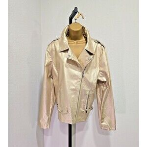Gold Metallic Faux Leather Moto Bomber Jacket Womens Sz 1X Cyber Rock Biker ModX
